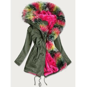 Khaki dámska zimná bunda s farebnou kožušinou (D-216#) khaki XL (42)
