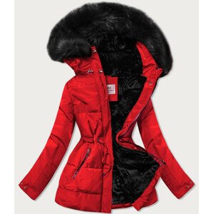 Červená dámska zimná bunda s čiernou kožušinou (W560) Červená S (36)