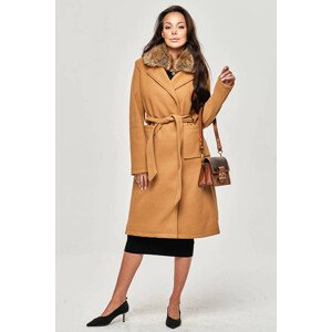 Karamelový dámsky kabát s kožušinou (SASKIA) hnedá S (36)