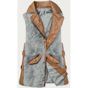 Elegantná vesta z karamelovo šedej ekokože a kožušiny (BR9592-9022) Hnědá XXL (44)