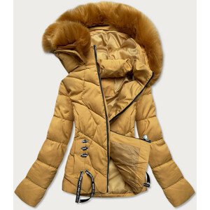 Krátka žltá dámska zimná bunda s kapucňou (H1021-80) Žlutá XXL (44)