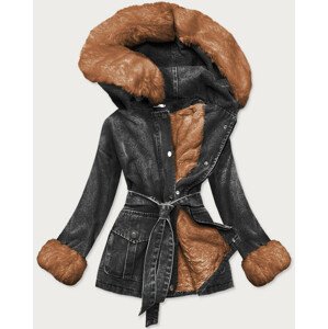 Čierno-karamelová dámska džínsová bunda s kožušinovou podšívkou (9026 #) černá 54