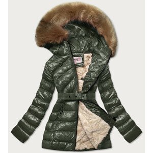 Lesklá zimná bunda v khaki farbe s mechovitým kožúškom (W674) khaki S (36)