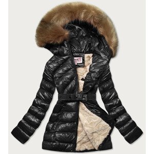 Lesklá čierna zimná bunda s mechovitým kožušinkou (W674) černá XXL (44)