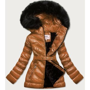 Lesklá zimná bunda v karamelovej farbe s mechovitým kožúškom (W673) Hnědá S (36)