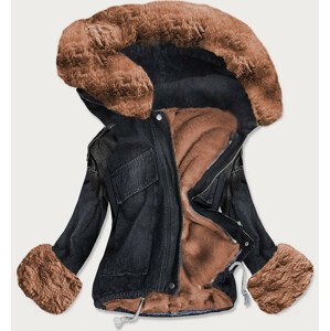 Čierno-hnedá dámska džínsová bunda s kožušinovou podšívkou (9023 #) hnedá XL (42)
