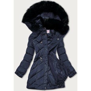 Tmavo modrá prešívaná dámska zimná bunda s kapucňou (W732) tmavěmodrá S (36)