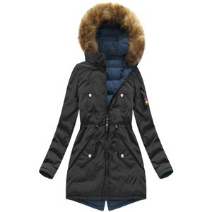Čierno-tmavo modrá obojstranná dámska zimná bunda s kapucňou (7313) farba: čierna, veľkosť: XL (42)