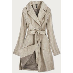 Elegantný béžový kabát s pásikom (X2708X) Béžová XL (42)