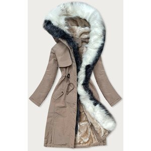 Dlhá béžová bavlnená dámska zimná bunda parka (WM268) Béžová XS (34)