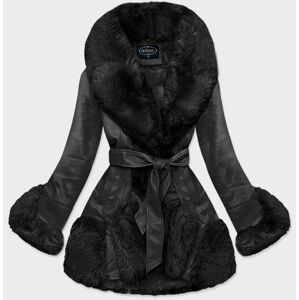 Černá kožená bunda s kožešinovým límcem (FL202018) - Flammode L čierna