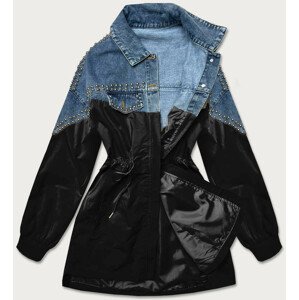 Svetlo modro-čierna dámska džínsová denim bunda z rôznych spojených materiálov (PFFS12233) Modrá ONE SIZE