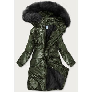 Metalická dámska zimná bunda v khaki farbe s kapucňou (8295) khaki S (36)