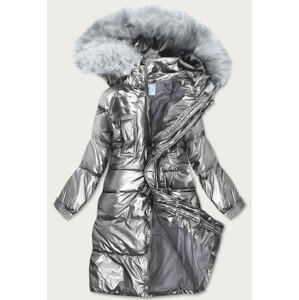 Strieborná dámska metalická zimná bunda s kapucňou (8295) srebrny L (40)