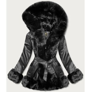 Čierna bunda ramoneska s kožušinovou kapucňou (5530) čierna XXL (44)