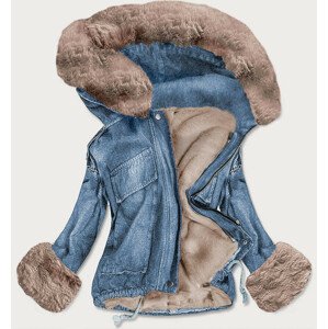 Svete modro-béžová dámska džínsová bunda s kožušinovou odopínacou podšívkou (9023#) modrá XL (42)