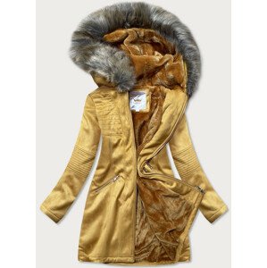 Dámská zimní semišová bunda s kapucí (6516) hořčicová - Libland XXL hořčicová