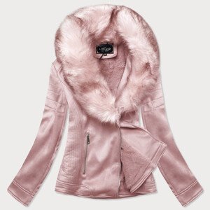 Dámska semišová bunda ramoneska v púdrovo ružovej farbe s kožušinou (6502BIG) Růžová 50