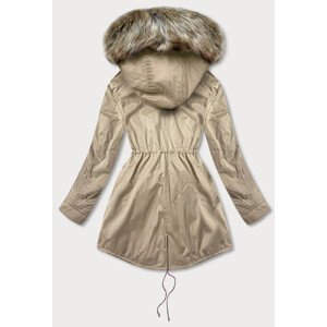 Béžová dámska zimná bunda parka s machovitým kožúškom as kapucňou (7602BIG) Béžová 52