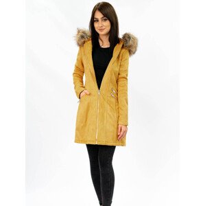 Semišová dámska zimná bunda v horčicovej farbe s kapucňou (6516) Žlutá L (40)