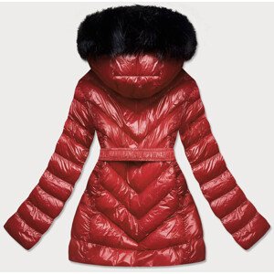 Lesklá zimná bunda vo vínovej bordovej farbe s machovitou kožušinou (W673) Červená XXL (44)