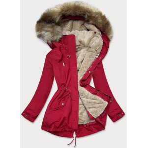 Červeno-tmavo béžová dámska zimná bunda s machovitým kožúškom (W553) Červená XXL (44)