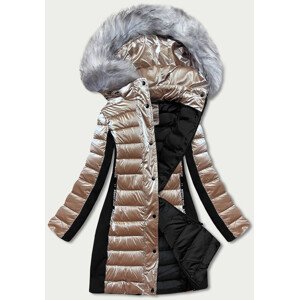 Béžová dámska zimná bunda z rôznych spojených materiálov (DK067-95) Béžová S (36)