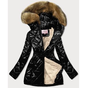Čierno/hnedá lesklá zimná bunda s machovitým kožúškom (W756) Hnědá XL (42)
