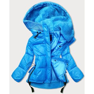 Světle modrá krátká dámská zimní bunda s kapucí (JIN211) Modrá L (40)