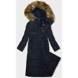 Tmavě modrá dlouhá zimní bunda s kapucí (V726) Modrá L (40)