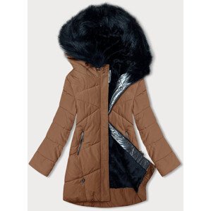 Dámska zimná bunda v karamelovej farbe s kožušinou (V715) odcienie brązu S (36)