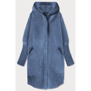 Tmavomodrý dlhý vlnený prehoz cez oblečenie typu "alpaka" s kapucňou (908) Modrá ONE SIZE