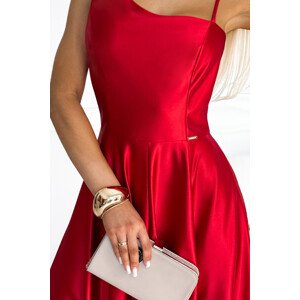 Elegantné dlhé červené dámske saténové šaty na jedno rameno 524-1 S