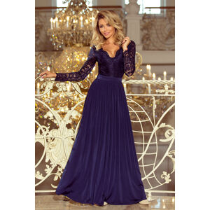 Dlhé tmavo modré dámske šaty s čipkovaným výstrihom a dlhými rukávmi model 6356831 S