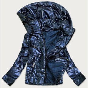 Tmavo modrá lesklá dámska bunda s kapucňou (B9575) granatowy 46
